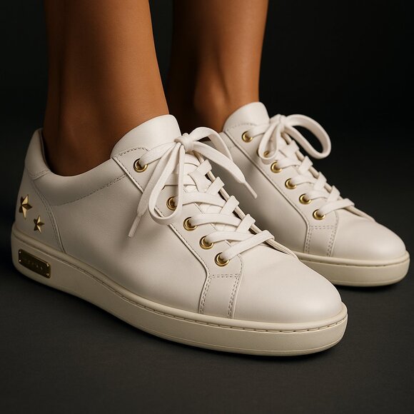 Jimmy Choo White Leather Low-Top Sneakers with Gold Star Accents – Size 37 - Picture 1 of 16